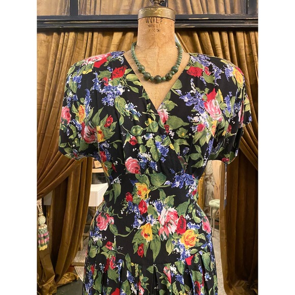 1980s midi dress, black floral rayon, 80s does 40s, 1940s style, medium, scarlet - Picture 2 of 10
